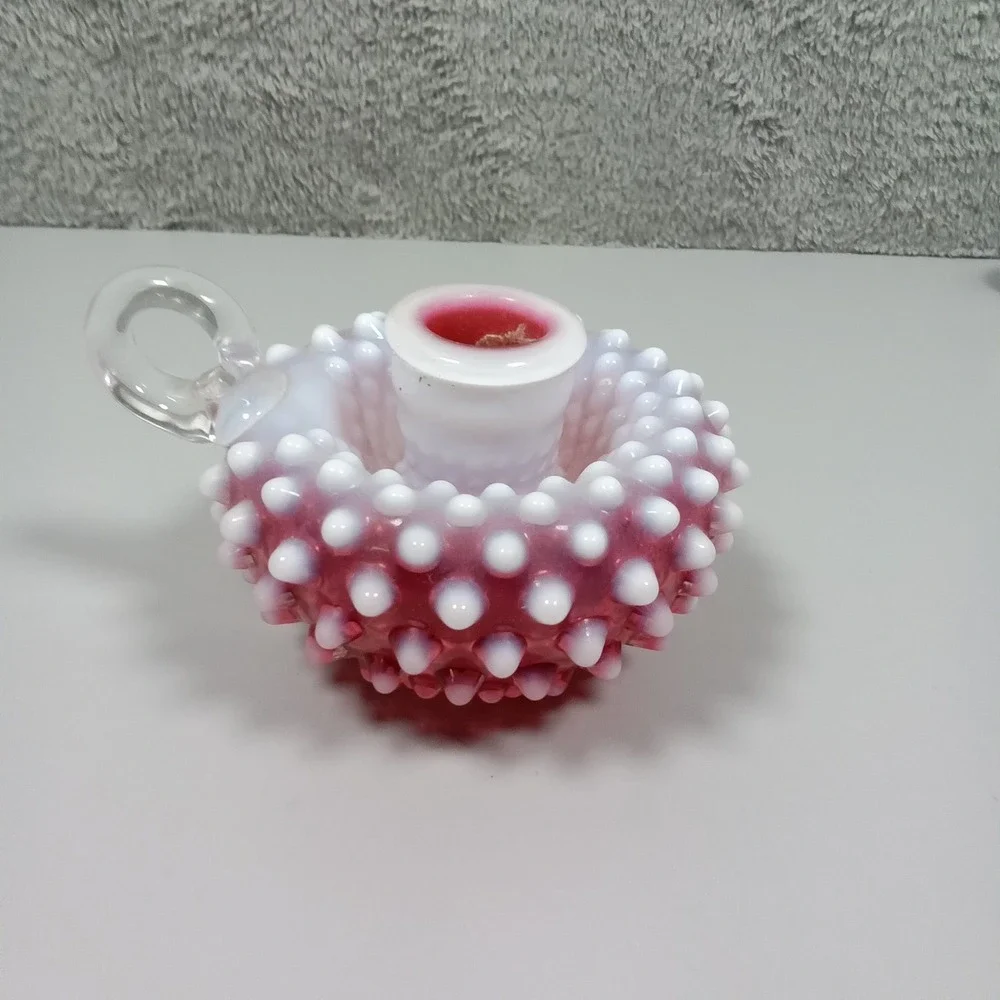 Vintage Cranberry Opalescent Hobnail Glass Candle Holder Chamberstick Pink White